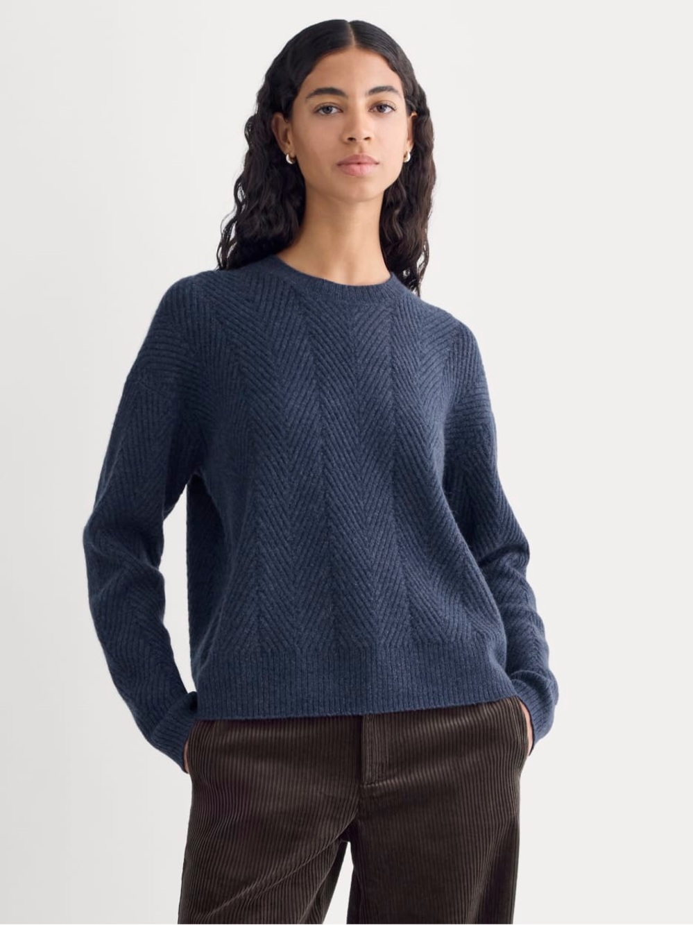 New Everlane CASHMERE HERRINGBONE SWEATER Indigo Size XL